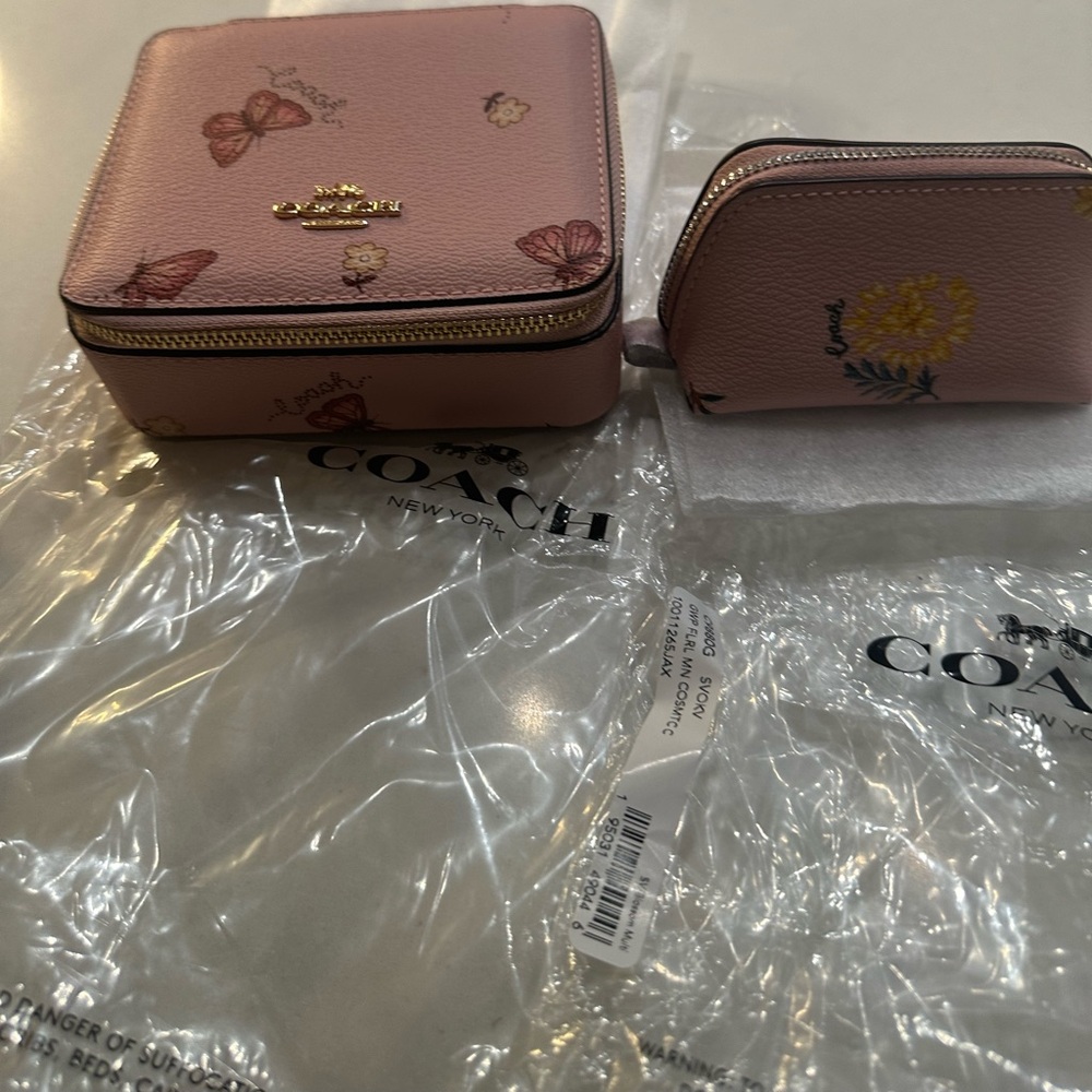 Coach Pink Butterfly and Floral Cosmetic Bag Set